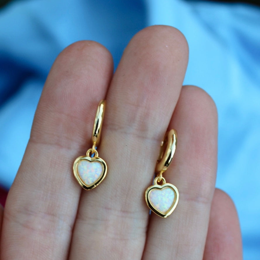 opal heart huggie earrings 925 sterling silver 18k gold plating