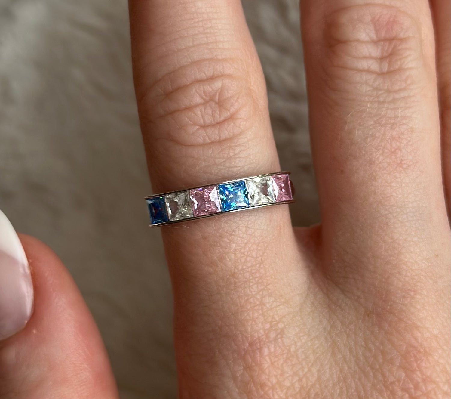 925 sterling silver blue white and pink cubic zirconia ring engagement ring