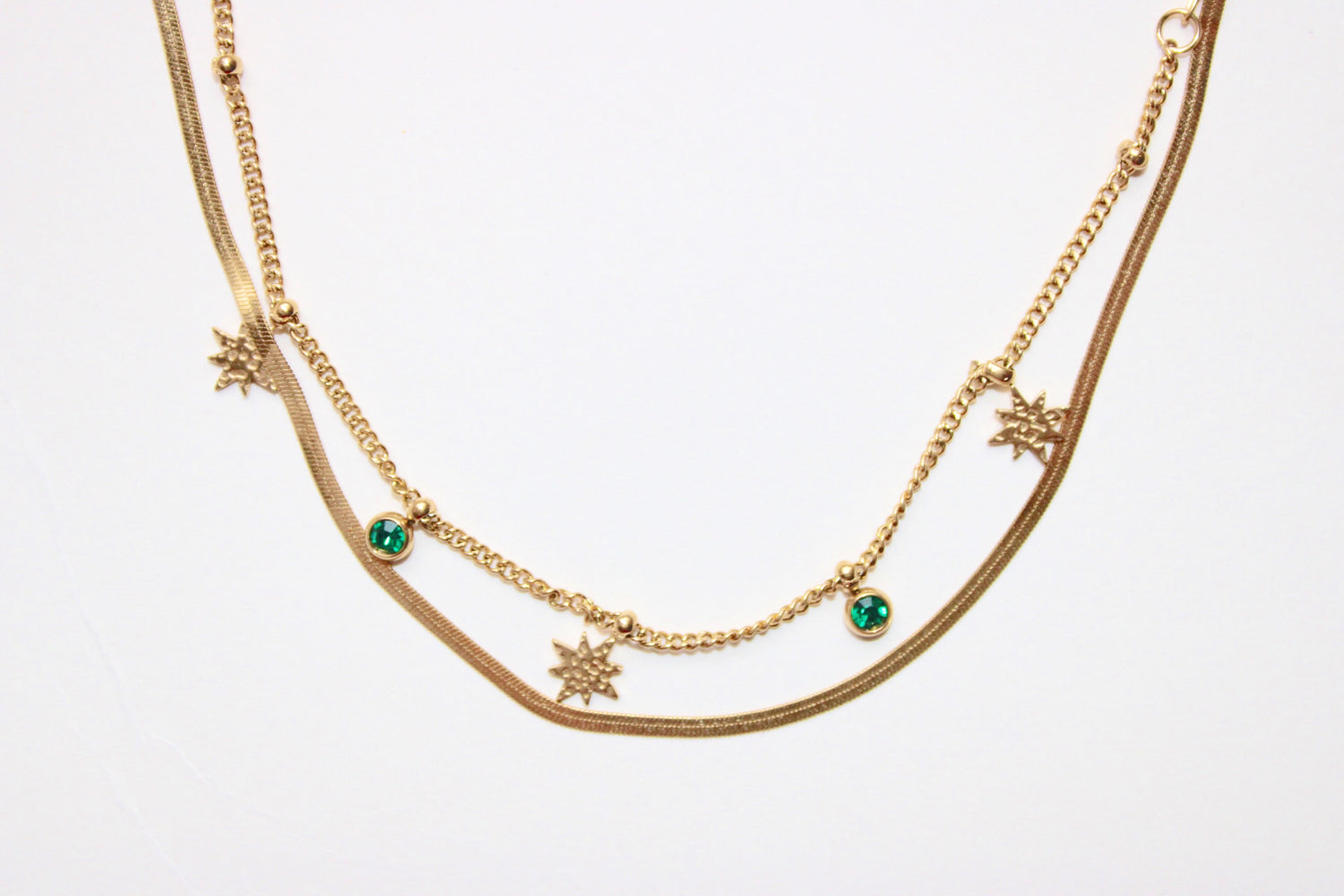 Emerald Green & Star Double Chain Necklace