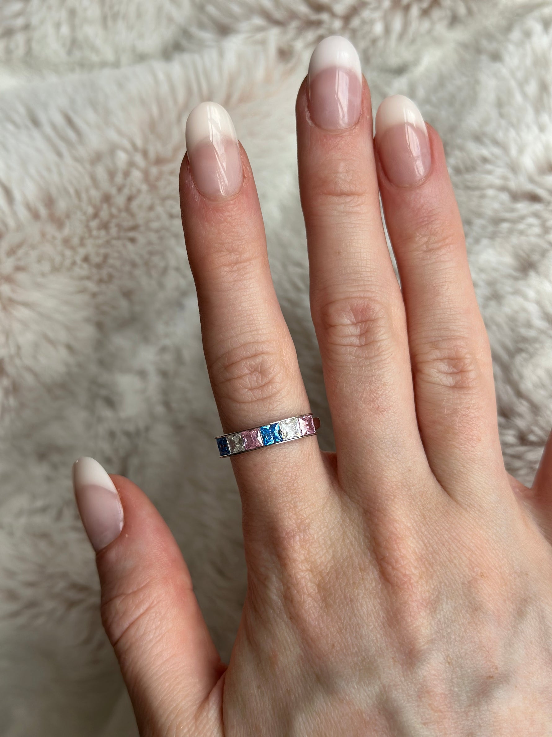 925 sterling silver blue white and pink cubic zirconia ring engagement ring, silver jewellery, gold jewellery, jewellery made in Wales, welsh designed jewellery. 