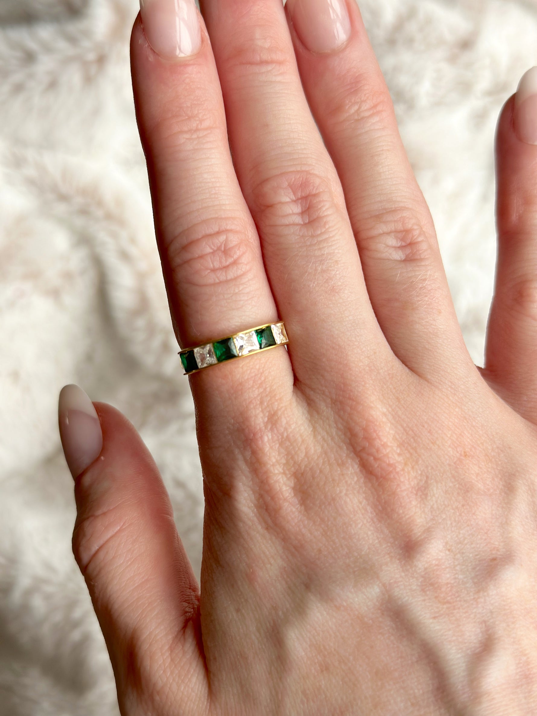 emerald green and white cubic zirconia gold plated ring evelyn hugo jewellery