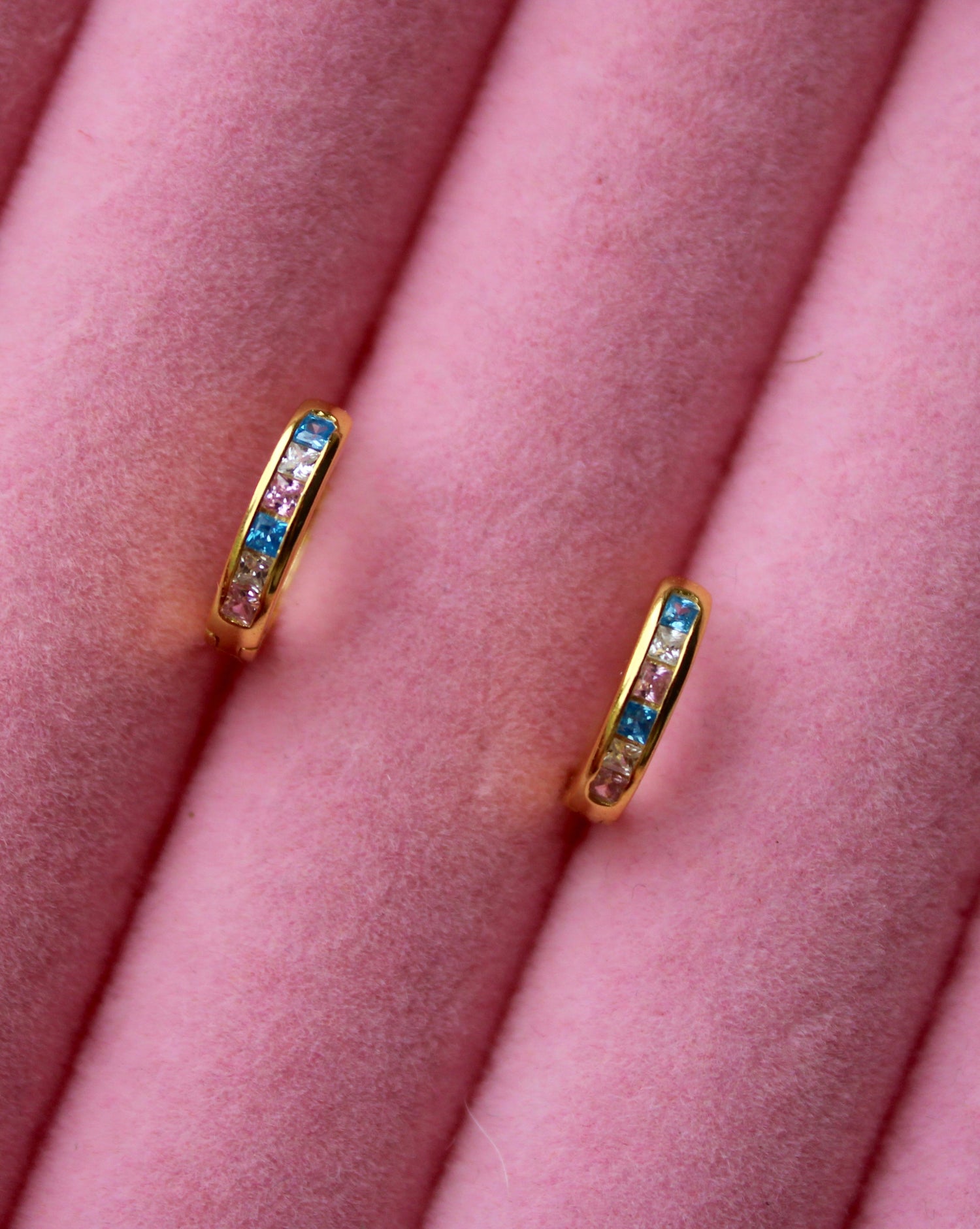 aurora gold plated 925 sterling silver huggies blue pink and white cubic zirconia 