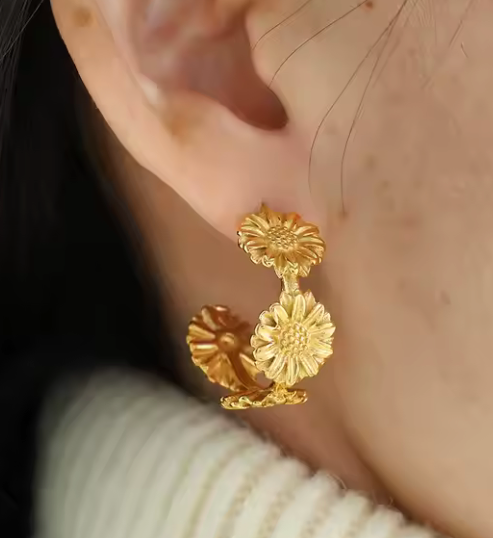 Sunflower Vintage Style Hoop Earrings - Gold