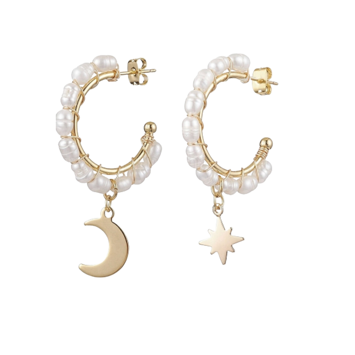 Freshwater Pearl, Cosmic Star & Moon Half Hoop Earrings