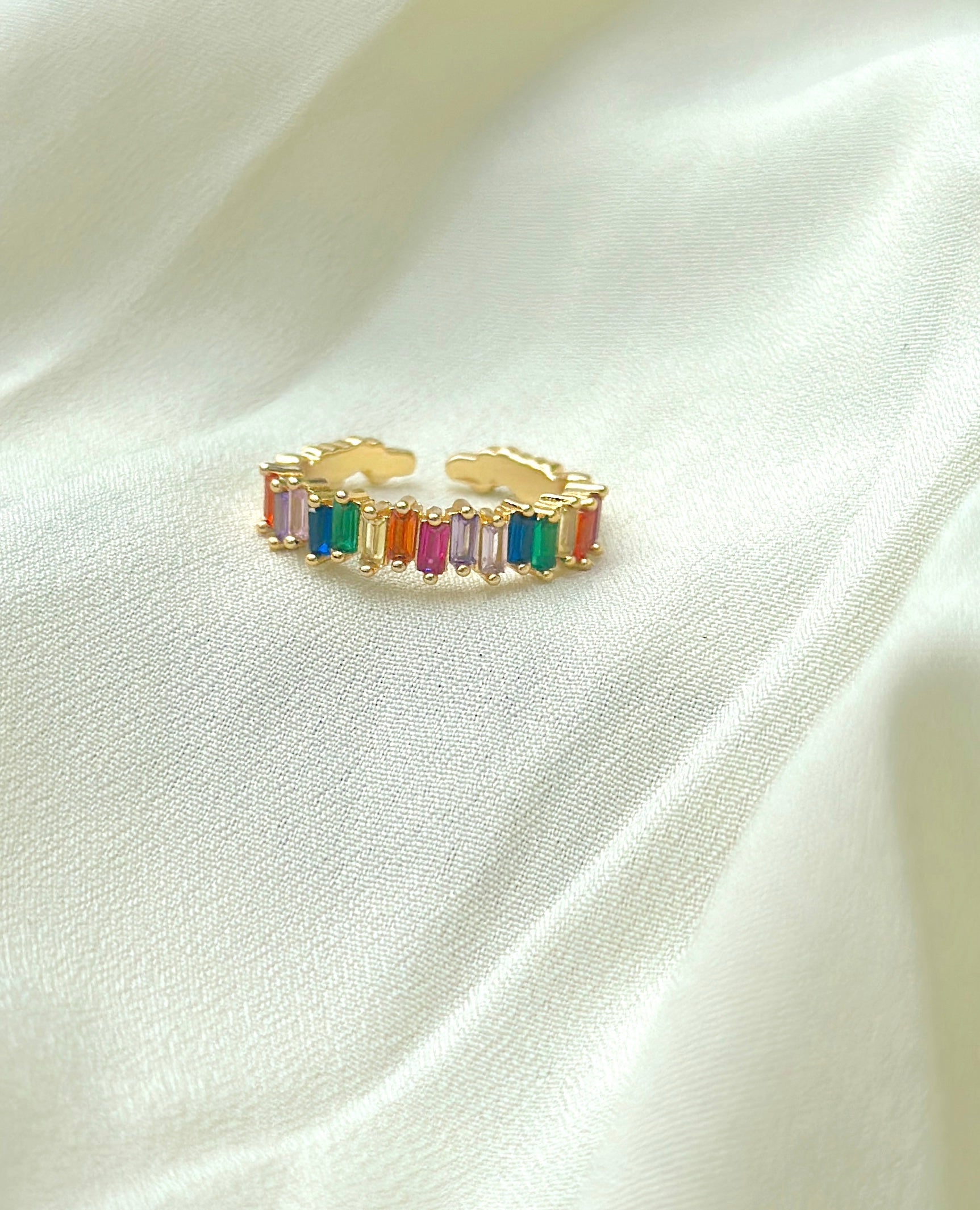 rainbow multi coloured real gold plated cuff ring blue, pink, orange lilac yellow green