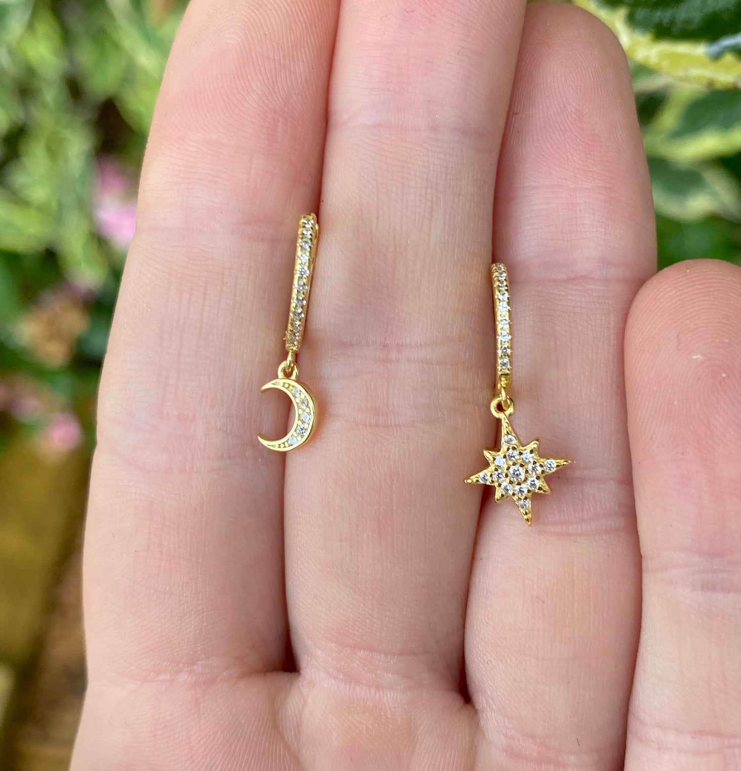 925 sterling silver and gold plated star and moon cosmic stack huggies earrings hoops