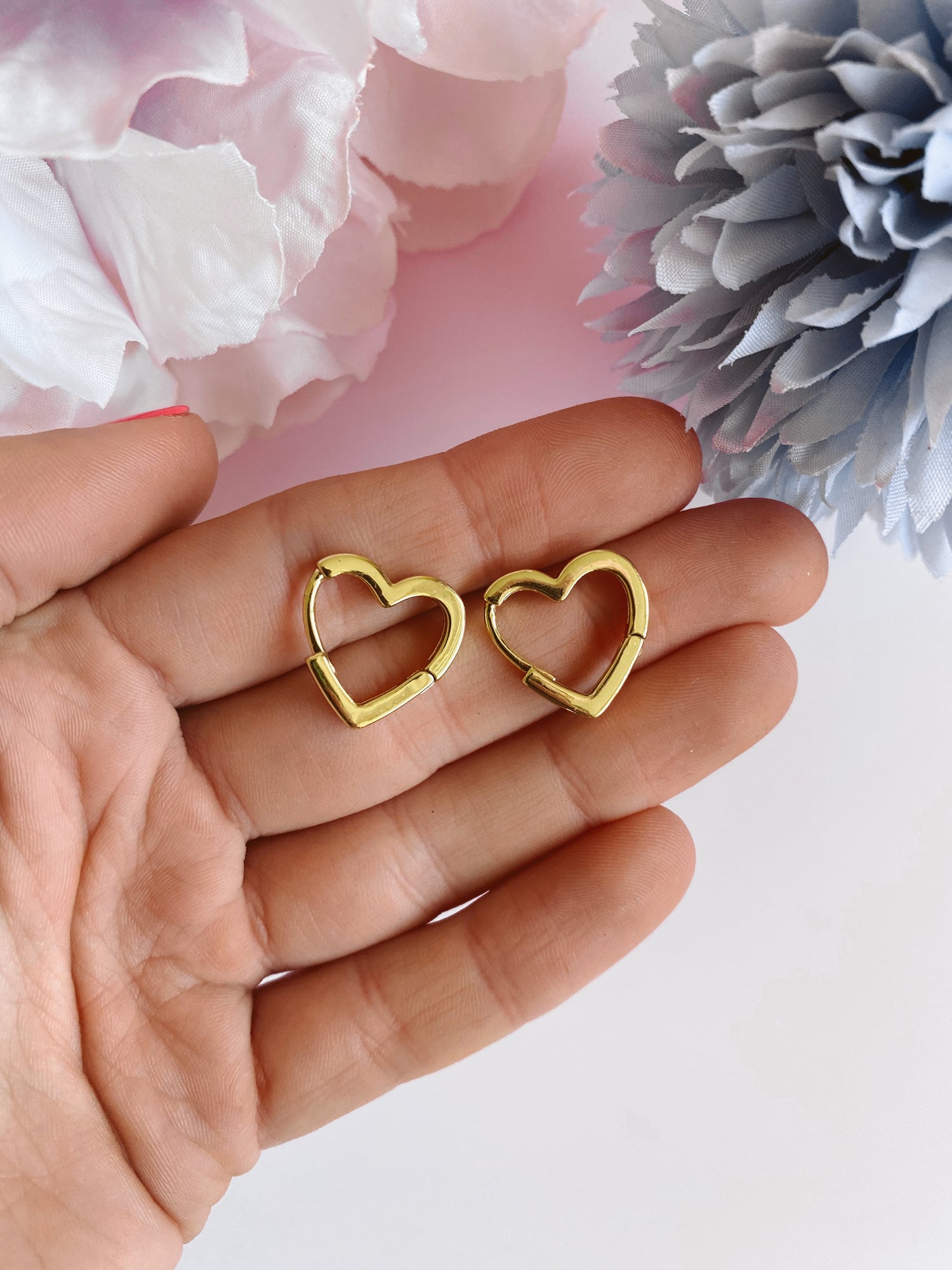 gold plated huggie hoop earring hearts